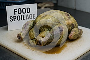 Food spoilage of raw whole chicken showing advanced proteolytic decomposition and exudate leakage due to failure in cold chain photo