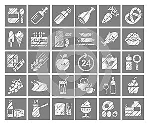 Food, square icons, grocery store, pencil shading, vector.