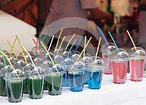 Food stall outdoor on street with different drinks. Local street food festival