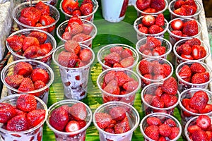 Food stall, street food at walking street market, fresh strawberry in plastic cup for sale and ready for eat, Bangkok, Thailand