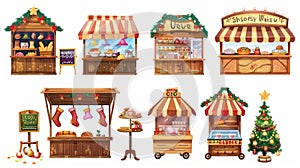 Food stalls set at a Christmas market isolated on white background. Modern illustration of a gluhwein stall, bakery