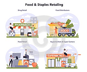 Food and staples retailing industry sector of the economy set. Grocery goods