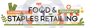 Food and staples retailing typographic header. Grocery goods retailing industry