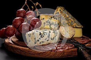 Food still life. Assorted various gourmet cheeses, raw smoked sausages and large sweet grapes on a dark background. Various types