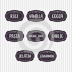Food storage labels. Kitchen food tags collection for kitchen containers or jars. Vanilla, pasta, cocoa, rice, cinnamon