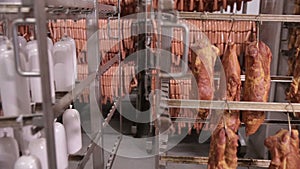 Food storage, warehouse. Meat products, sausages hanging on racks in a meat warehouse, freezer.