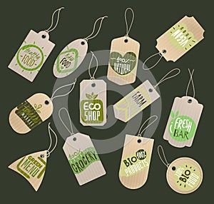 Food store labels. Paper tags with logo of healthy fresh organic fruits and vegetables for grocery marketplace or shop