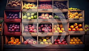Food store. Shelves with fruits and vegetables at the farmers market.