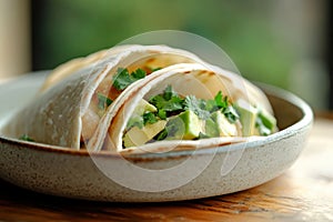 food styling, appetizing avocado tacos displayed on a rustic table, accessorized with cute kitchen items, ideal for photo