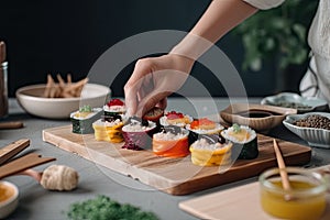 food stylist arranging colorful sushi roll in modern kitchen setting