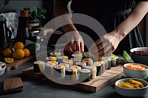 food stylist arranging colorful sushi roll in modern kitchen setting