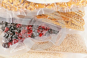 food supply.Vacuuming products for long term storage.Storage of products in vacuum bags.Stocks of provisions.cereals