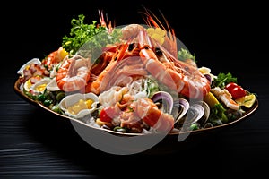 Food Surf and Turf salad with seafood and meat. Generative AI