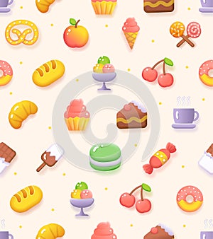 Food Sweets Coffee Shop Bakery Icon Fluent Design Seamless Pattern Background. Vector