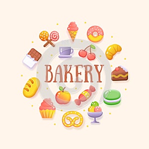 Food Sweets Coffee Shop Bakery Round Fluent Design Template Icon Concept. Vector