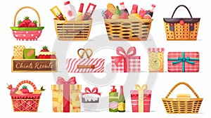 Food, sweets, and cosmetics in wicker, wood boxes, hamper. Holiday gifts with snacks, wine, beauty products, and