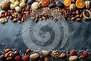 Food table filled with various natural foods like nuts and fruits