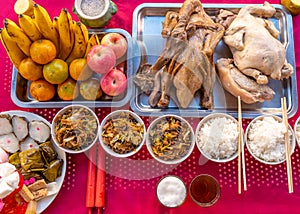 Food on the table for gods worshiping Chinese beliefs