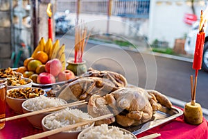 Food on the table for gods worshiping Chinese beliefs