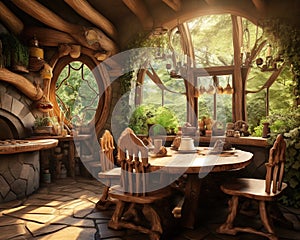 Food is on a table in the kitchen of a fantasy house.