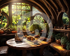 Food is on a table in the kitchen of a fantasy house.