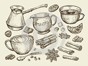 Food, tea, coffee. Hand drawn cup, cinnamon, anise, creamer, teaspoon, croissant, sugar, beans, chocolate, candy, turk