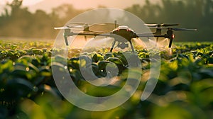 Food Technology, AI-controlled drone spraying crops in a smart farm.