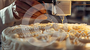 Food Technology, 3D printer creating intricate designs on a cake.