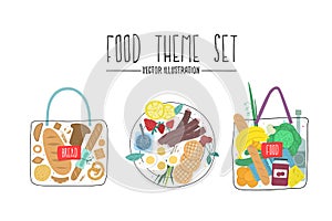 Food theme set. Grocery bag. design colored vector illustration of food and drink products.
