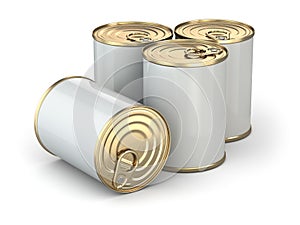 Food tin cans on white background.