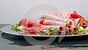 Food tray with delicious salami, pieces of sliced ham, sausage, tomatoes, salad and vegetable -
