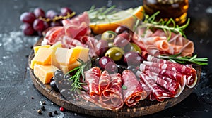 Food tray with delicious salami, pieces of sliced ham, sausage, tomatoes, salad and vegetable - Meat platter with