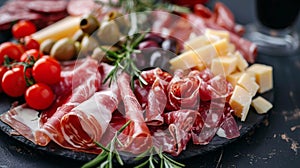 Food tray with delicious salami, pieces of sliced ham, sausage, tomatoes, salad and vegetable - Meat platter with