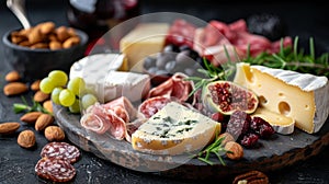 Food tray with delicious salami, pieces of sliced ham, sausage, tomatoes, salad and vegetable - Meat platter with