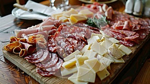 Food tray with delicious salami, pieces of sliced ham, sausage, tomatoes, salad and vegetable - Meat platter with