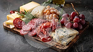 Food tray with delicious salami, pieces of sliced ham, sausage, tomatoes, salad and vegetable - Meat platter with