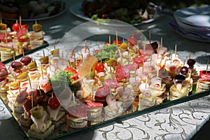 Food tray with delicious salami, pieces of sliced ham, sausage, yellow cheese olives