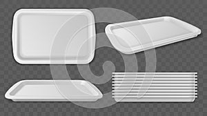 Food trays. Realistic plastic white salvers. Rectangular dinner container mockup. Top view on kitchenware with different