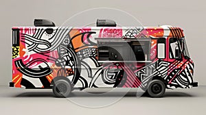 A food truck adorned with bold and eyecatching graphics featuring a menu of fusion cuisine that merges different