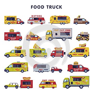 Food Truck as Equipped Motorized Vehicle for Cooking and Selling Street Food Vector Set