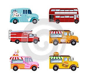 Food Truck, Bus, Milk Van and Fire Engine as City Traffic Side View Vector Set