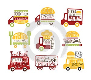 Food Truck Cafe Street Food Promo Signs Collection Of Colorful Vector Design Templates With Vehicle Silhouette