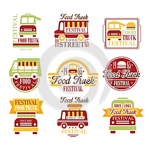 Food Truck Cafe Street Food Promo Signs Set Of Colorful Vector Design Templates With Vehicle Silhouette