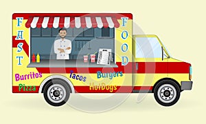 Food truck with a cook inside. Fast-food sailing car. Street nosh menu on wheels concept.