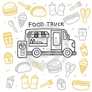 Food truck doodle vector illustration in cute hand drawn style