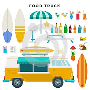 Food truck and drinks vector flat icons. Isolated on white.