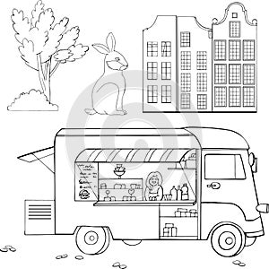 Food truck elements Vector hand drawn food truck, old european houses, tree and rabbit