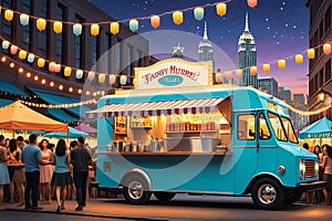 food truck, embellished with inviting strings of warm fairy lights, stand