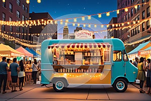 food truck, embellished with inviting strings of warm fairy lights, stand