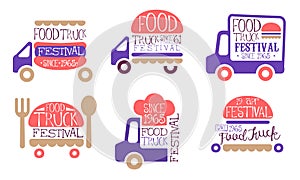 Food Truck Festival Vintage Labels Set, Street Food Signs Vector Illustration